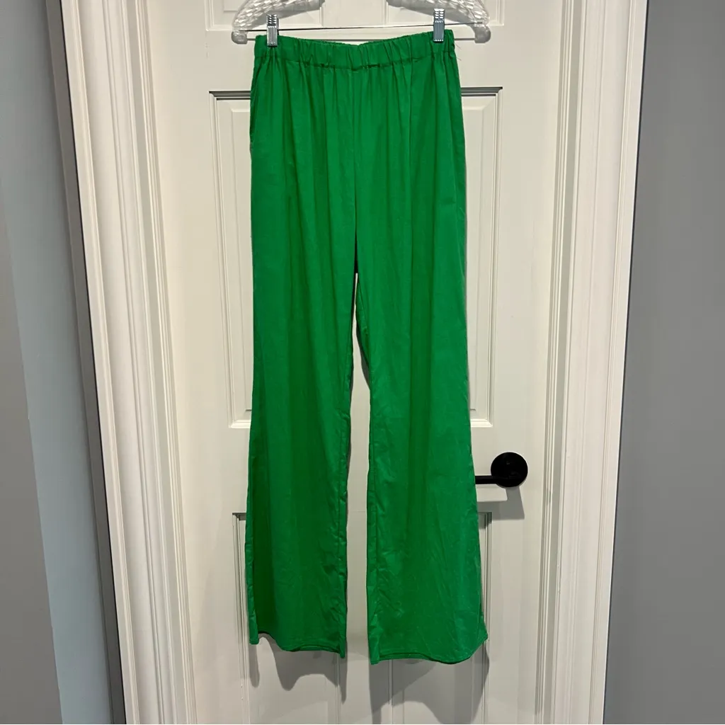 Commense Wide Leg Pull On Pants Kelly Green Linen Blend Small Wide Leg Flowy - Image 2