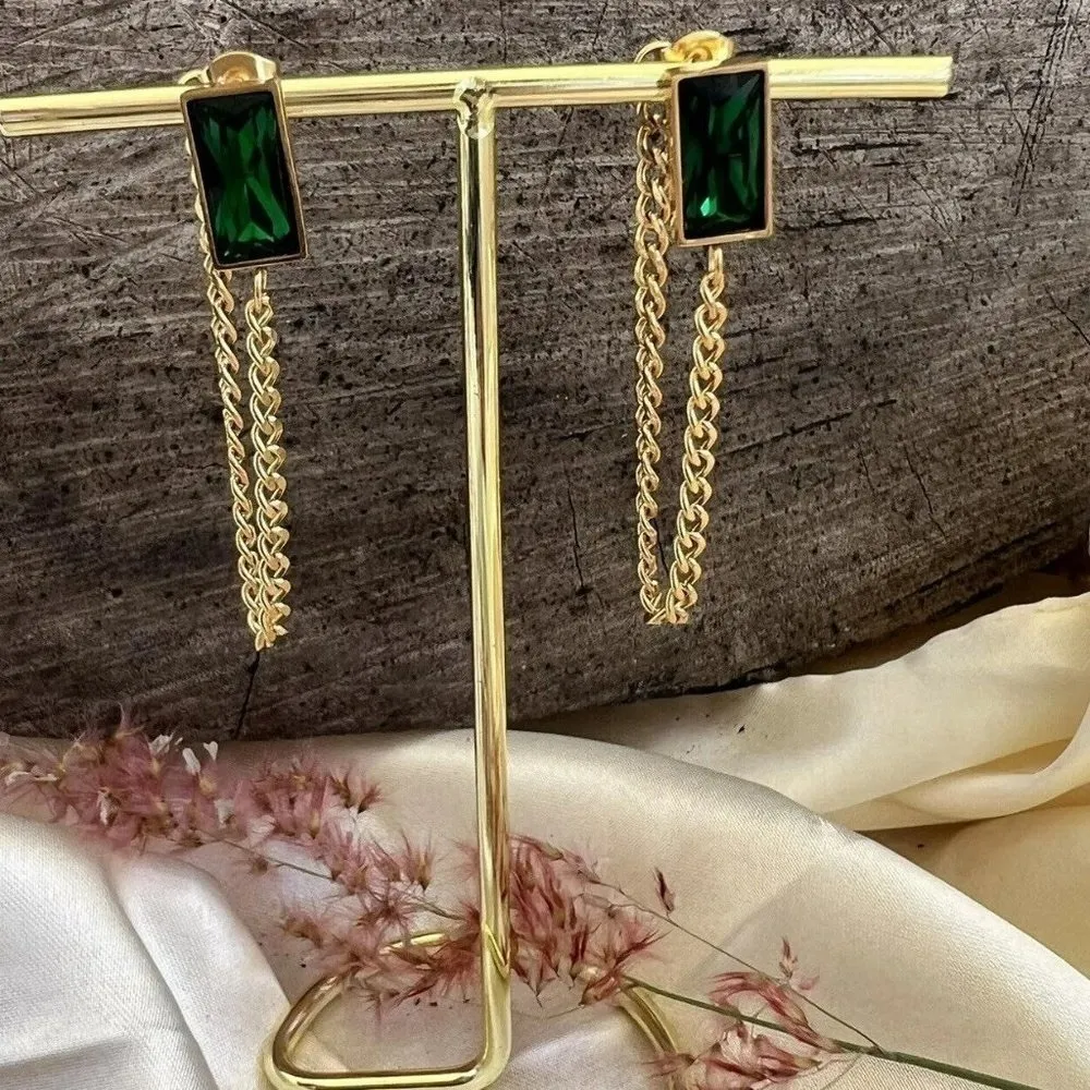 Gold Plated Tassel Emerald Green Earrings Stainless Steel Chain womens jewelry - Image 4