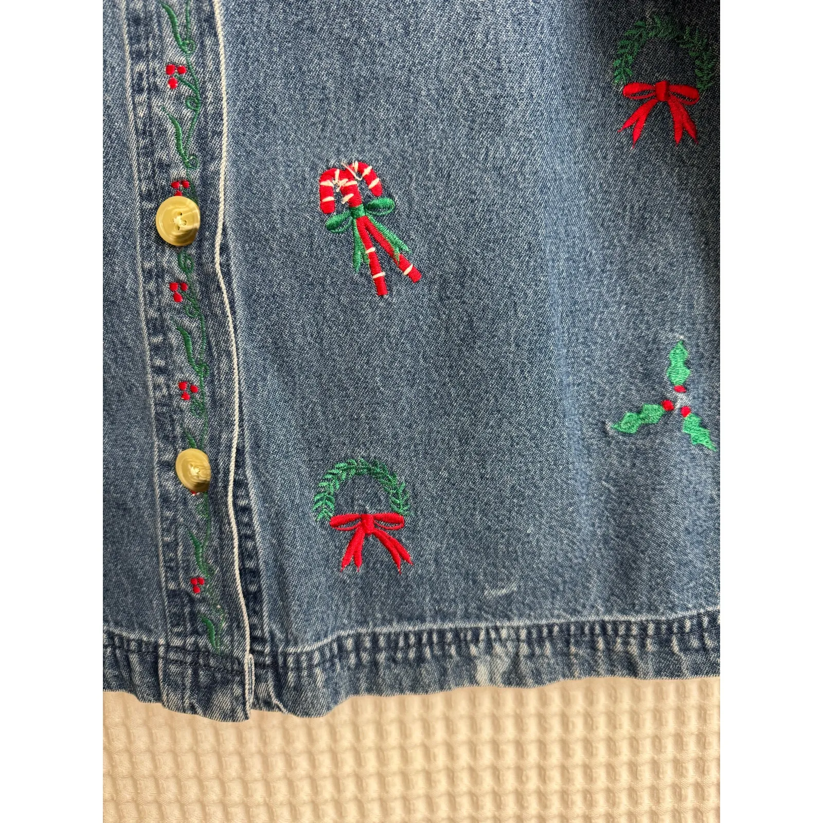 Vintage The Tog Shop Jean Cotton Embroidered Jacket Christmas Petite Medium Blue - Image 5