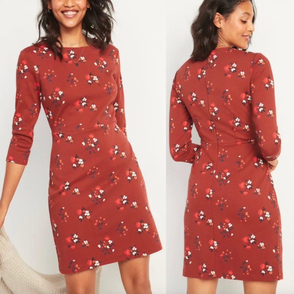 OLD NAVY Floral Ponte Knit Sheath Dress Rust Terracotta Red / Brown 3/4 Sleeve M - Image 2