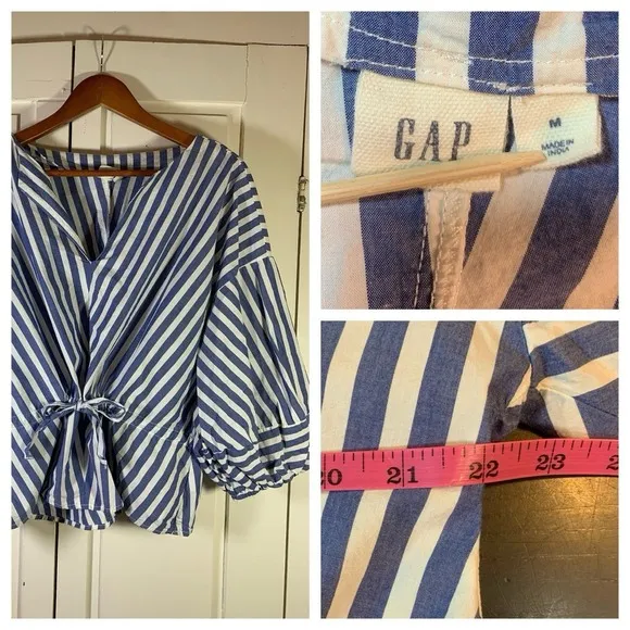 Striped Top Women Medium Boho Peasant Nautical Balloon Sleeves Cinched Waist - Image 2