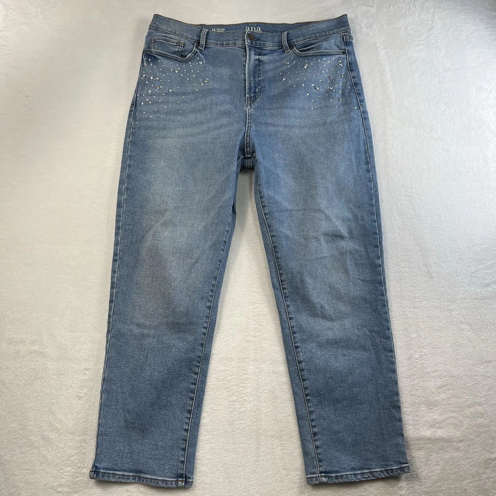 a.n.a. A New Approach Sz 14 High Rise Straight Jeans Bling Rhinestone Embellish Blue - Image 2