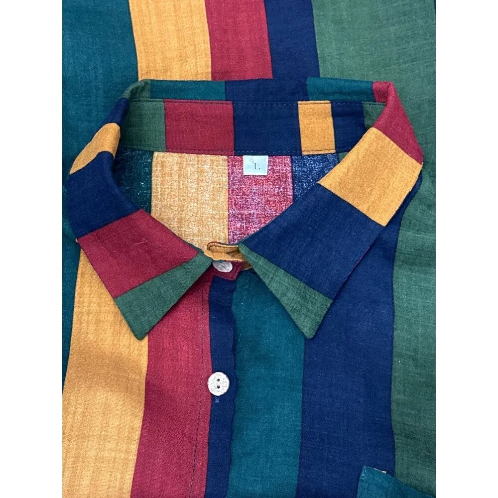 CCC Unisex Multicolor Striped Button Up Shirt Polyester Casual Retro Chic Large Blue Size undefined - Image 5