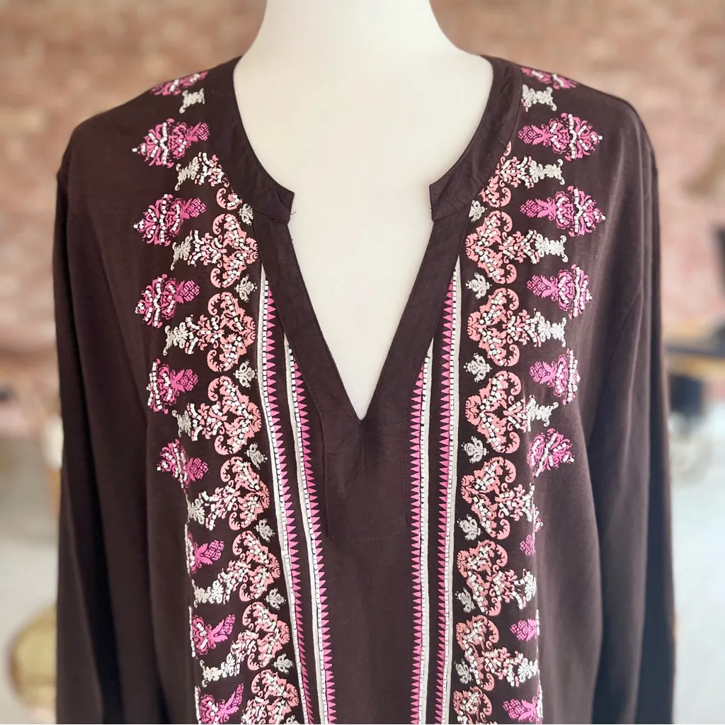 Charter Club Top Tunic Beaded Brown Knit 3X Boho Peasant V-Neck Everyday Chic - Image 2