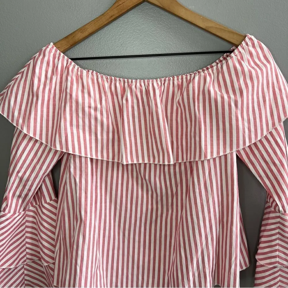 Hyfve Pink Striped Ruffle Off the Shoulder Top Long Bell Sleeve Shirt Size Small - Image 4