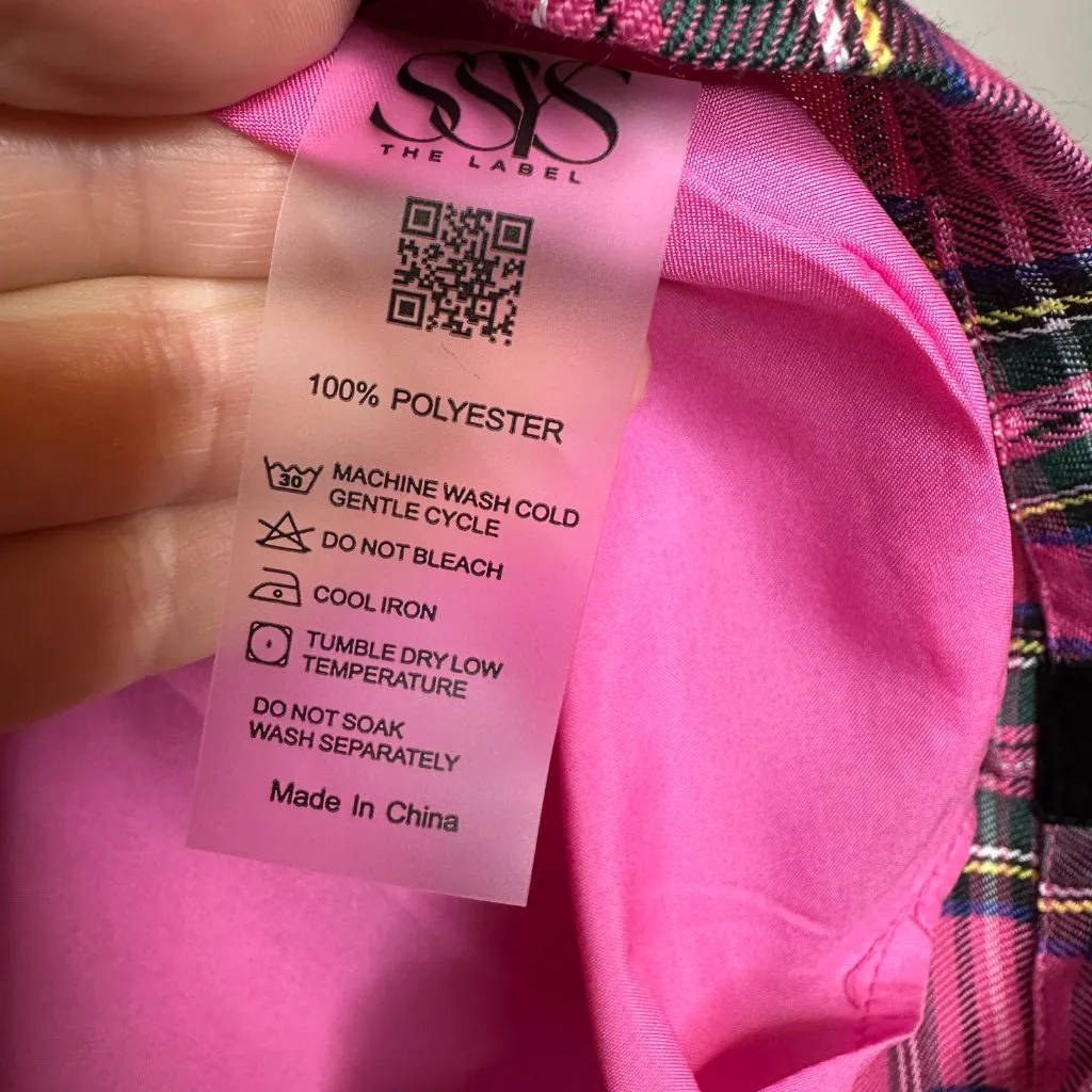 SSYS Everly Velvet Bow Trim Puff Sleeve Shift Dress Pink Tartan Women's Large - Image 5