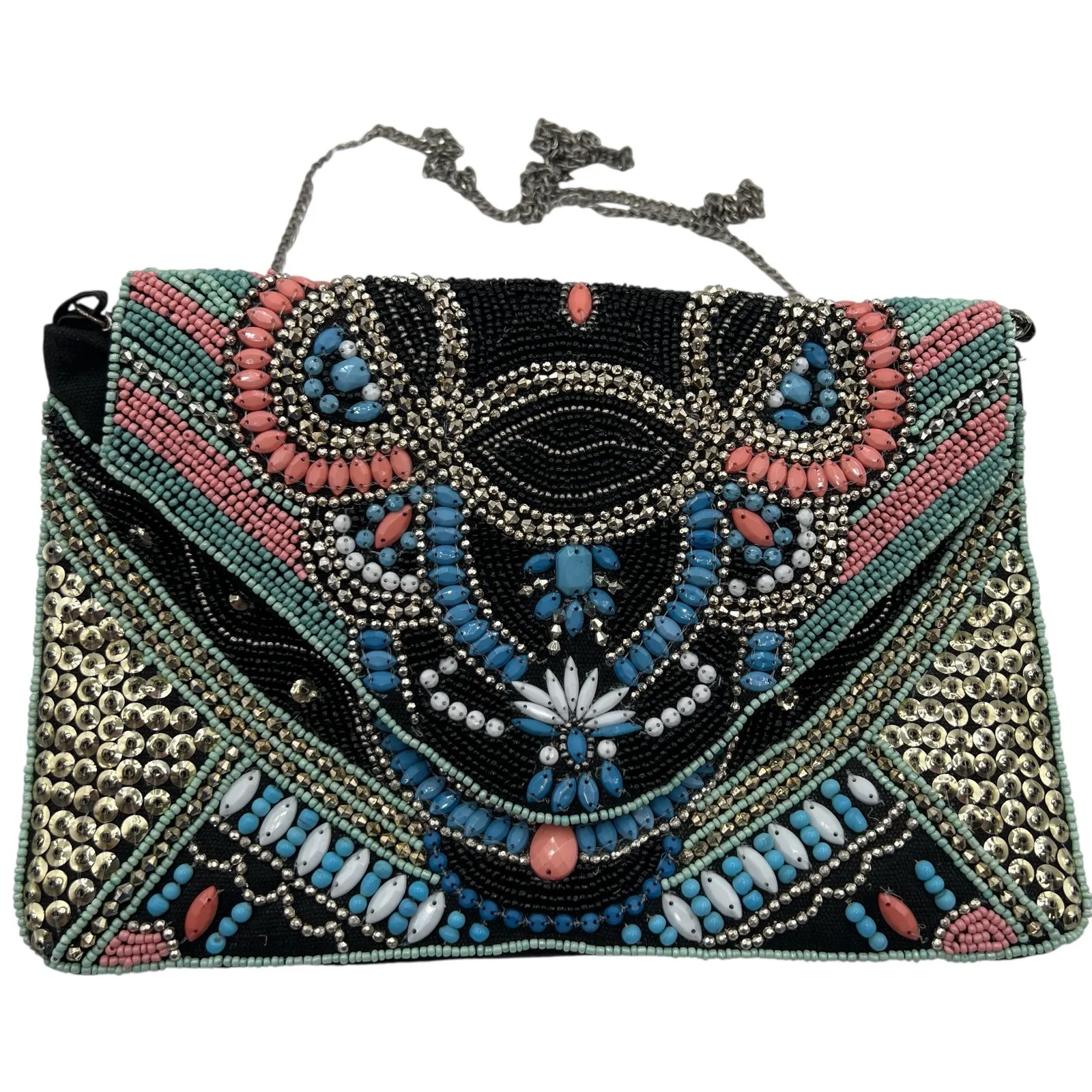 Atmosphere Beaded Boho Clutch Coral Turquoise Festival Bag Geometric Zip Sequins - Image 1