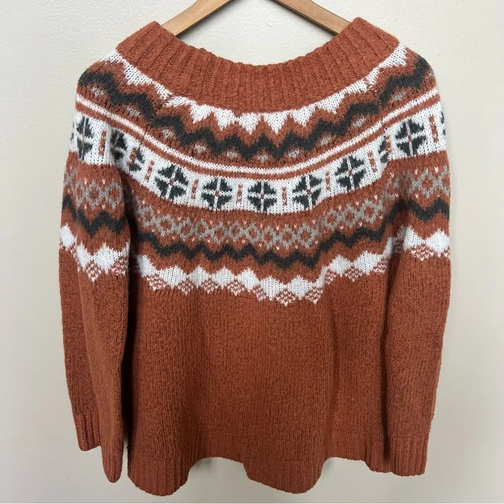 Aerie Fair Isle Knit Sweater Rust Orange Neutral Ivory Earth Cottagecore Large - Image 7