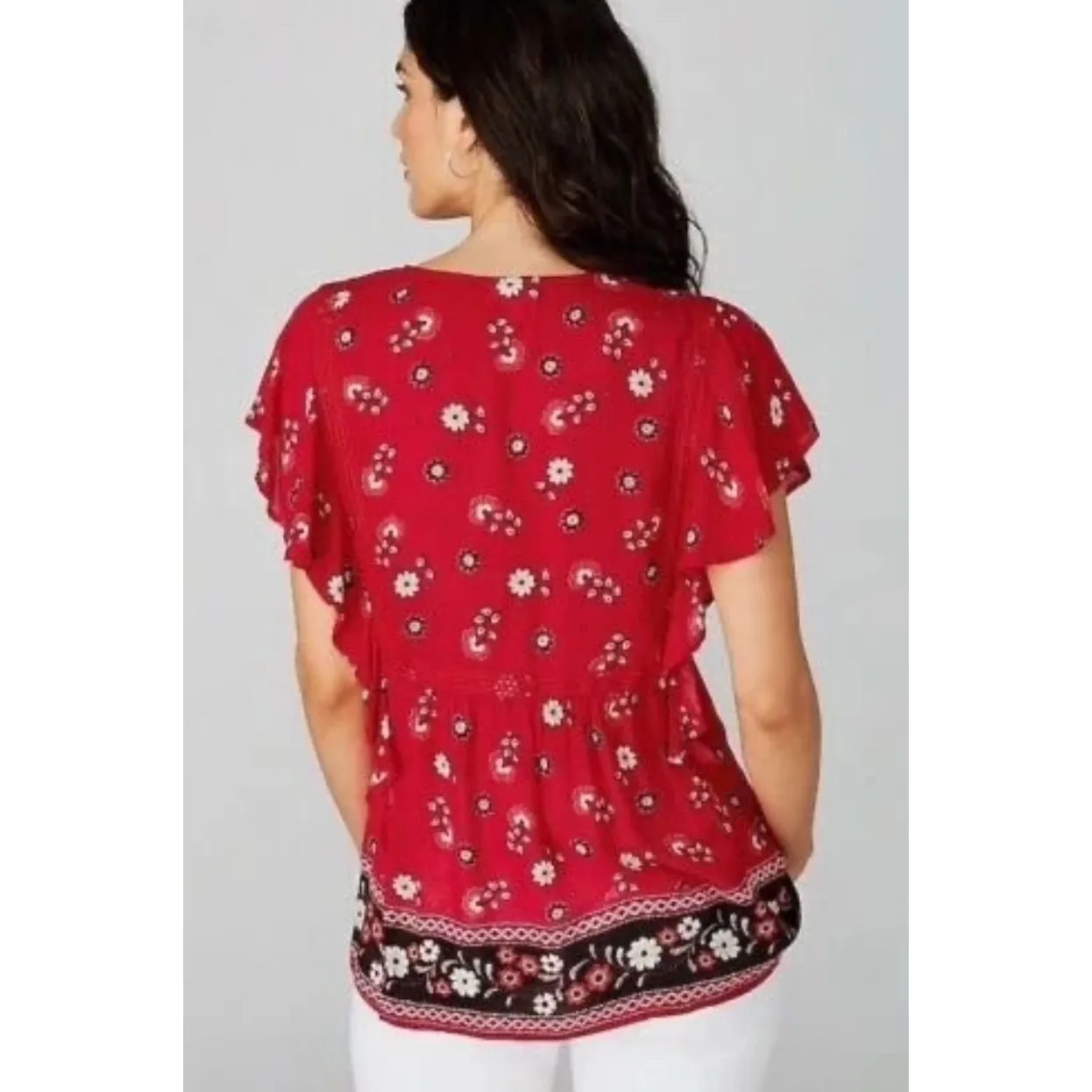 J Jill Cherry Red Floral Ruffle Short Sleeve Boho Blouse Top - Image 3