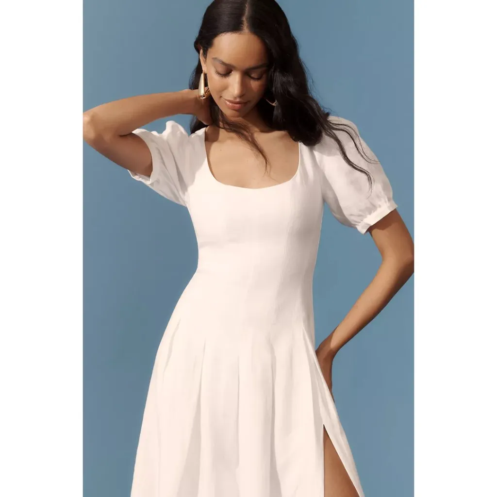 REFORMATION Coucou Pleated Linen Midi-Dress in White Size US 4 - Image 11