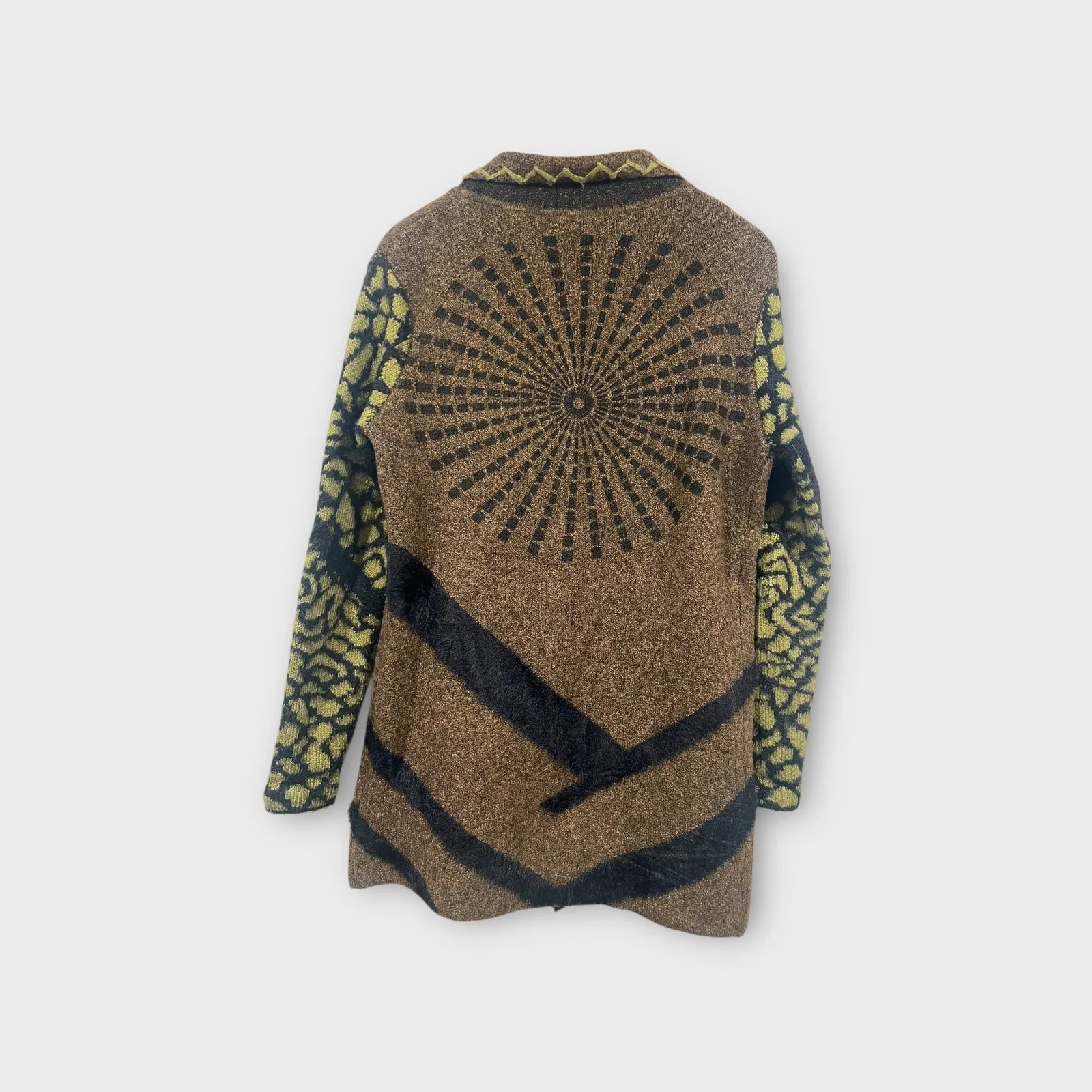 Women’s Art to wear Funky Boho Fuzzy Cardigan Acrylic Green Brown Black S - Image 3