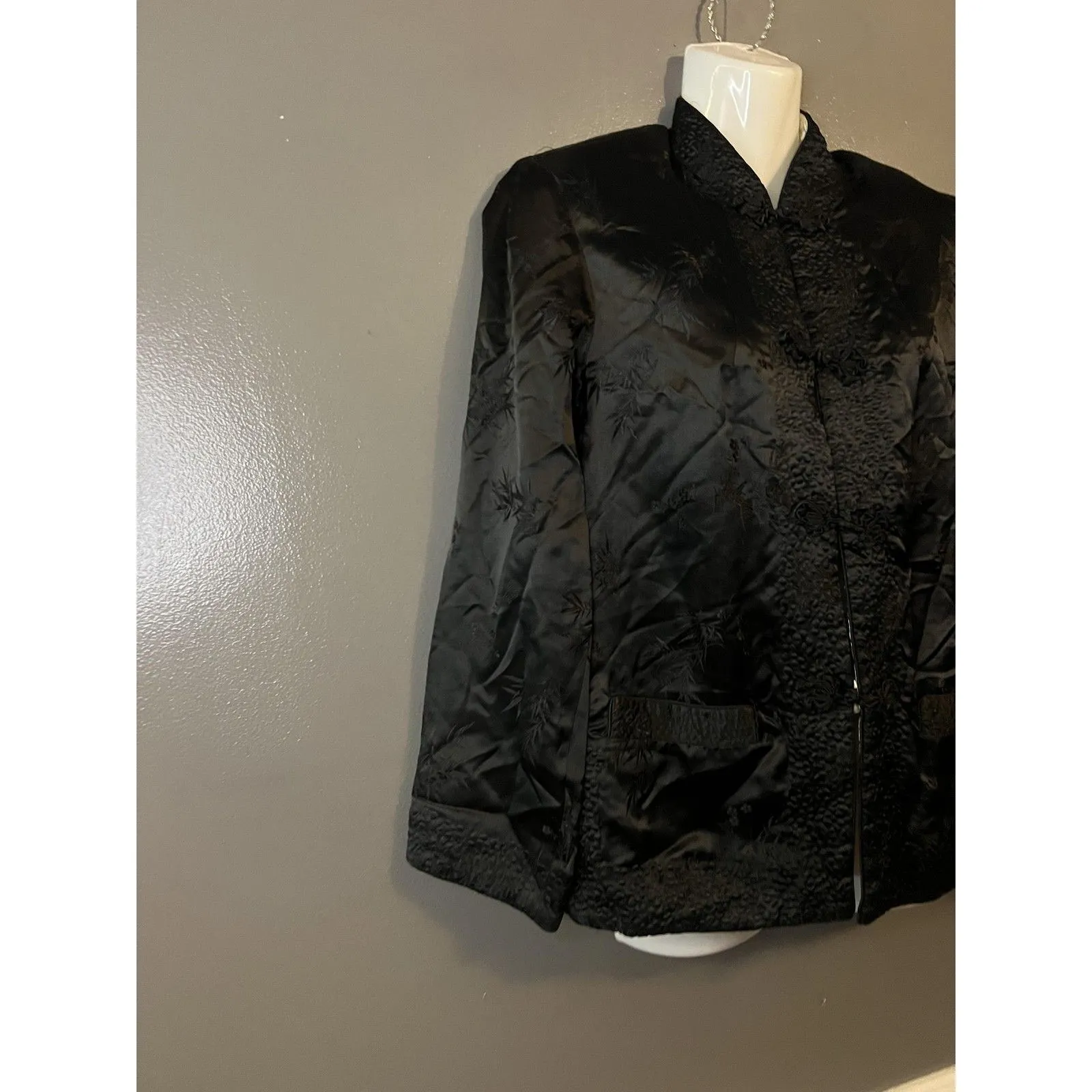 Reversible Satin Brocade Jacket Womens Small Black Ivory Mandarin Collar Frog - Image 2
