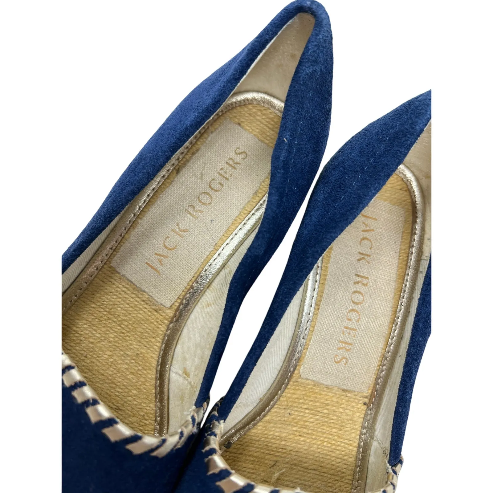 Jack Rogers Palmer Blue Gold Whip Stitch Suede Leather Wedges 7M - Image 5