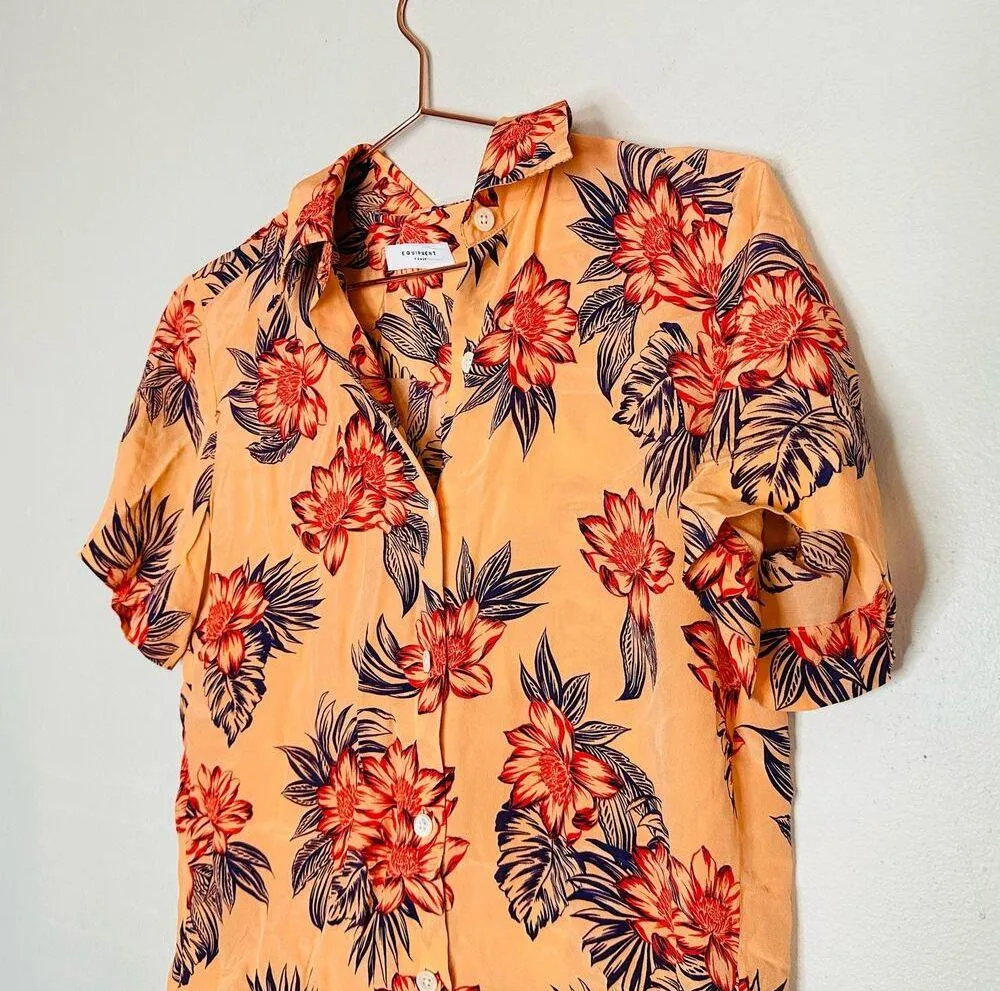 EQUIPMENT Essential Peach Floral Print Crepe de Chine Button Front Shirt Size XS - Image 4