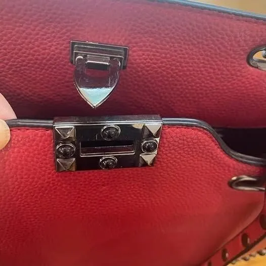 Red real leather studded tote bag - Image 5