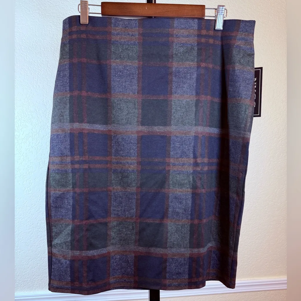 Plaid Pencil Skirt Women’s Large Gray Navy Brown Stretch Career Office Fall NWT Blue - Image 3
