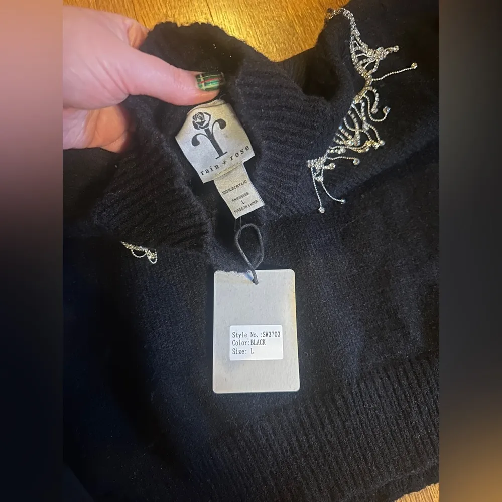Rain & Rose Black Bejeweled Funnel Neck Sweater, Size L, NWT Size L - Image 4
