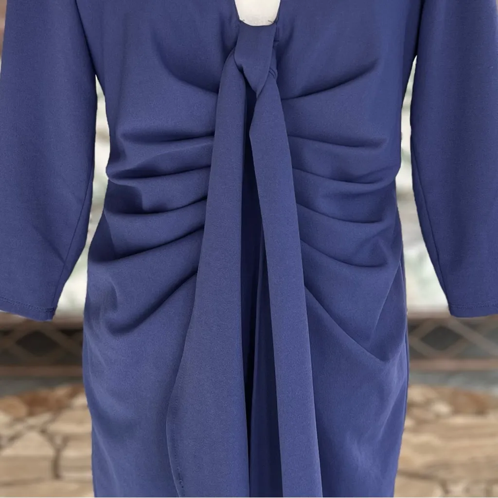 New York & Company Dress Ruched M Periwinkle Blue Purple Mini Knit V - Image 4