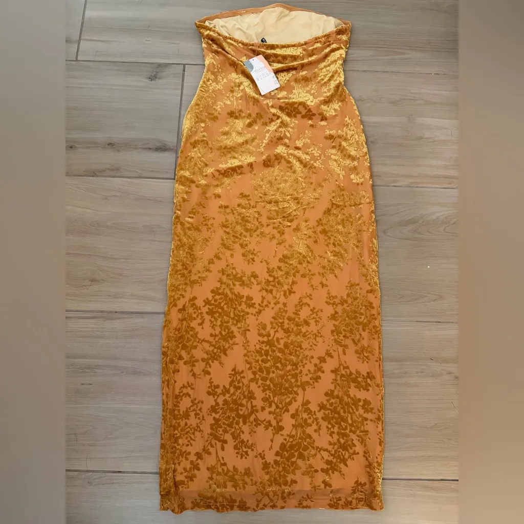 NEW Velvet Maxi Tube Strapless Side Slit Floral Bodycon Cocktail Dress XL Orange - Image 2