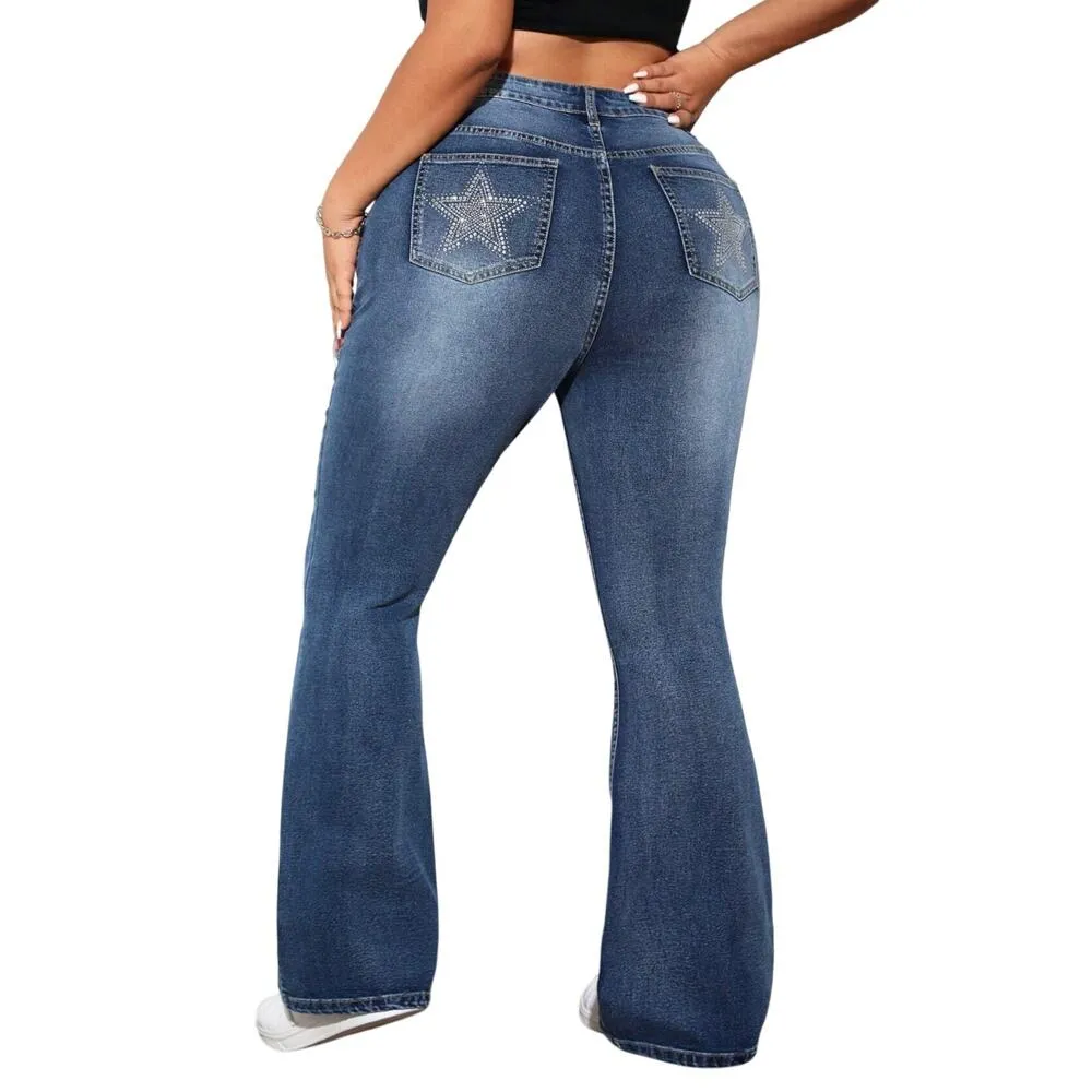 Woman's Elastic Flared Jeans with Rhinestones Star Pattern in Blue, Size 3XL​ - Image 2