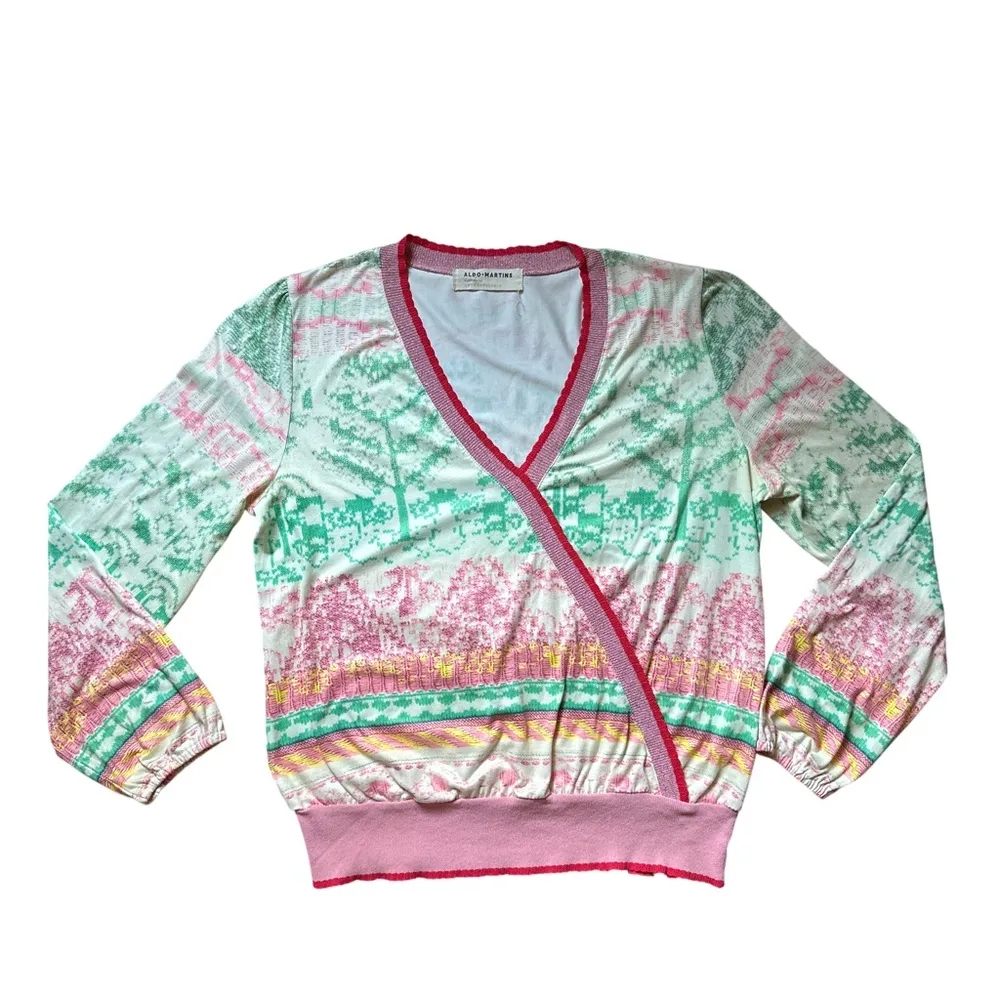 Aldo Martins Anthropologie Sz S Long Sleeve Andalia Surplice Knit Pink Green - Image 9