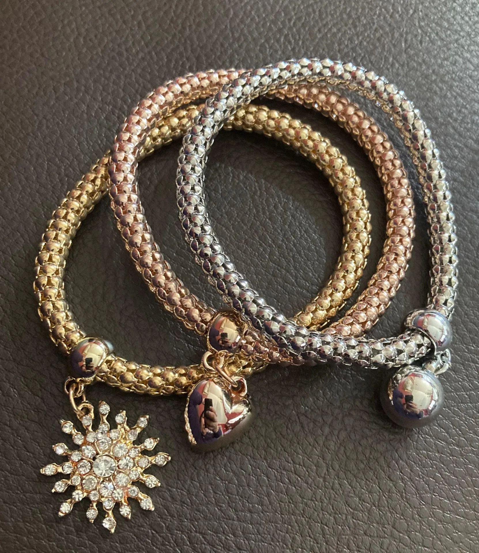 3 Piece Shiny Multilayer Gold Silver and Bronze Bracelet Set - Image 4