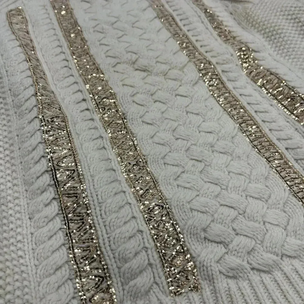 J. Crew Wool Blend Cable Knit Chunky Pullover Sweater Women Size L Cream - Image 4