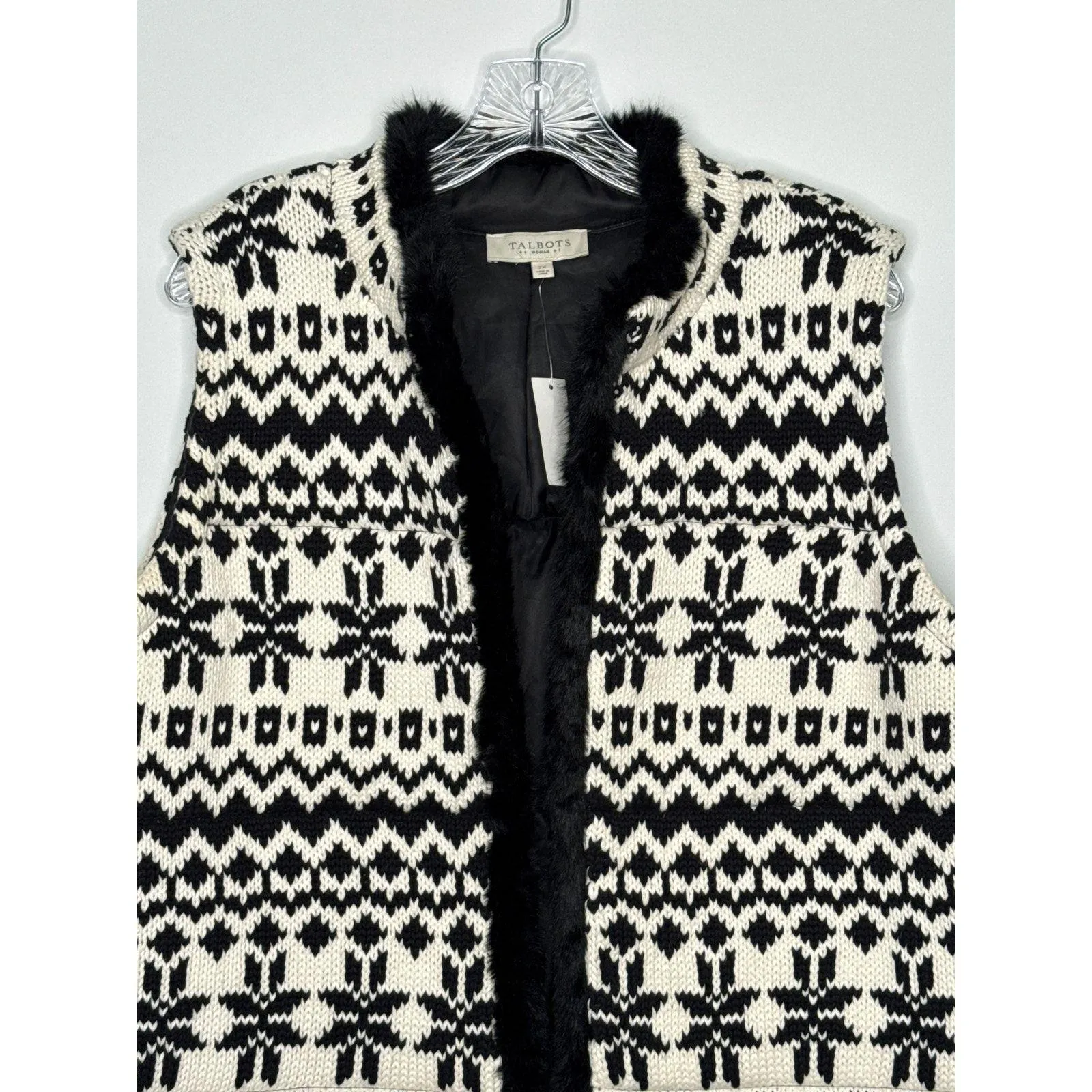 NWT Talbots Black White Knit Faux Fur Trim open front Vest fair Isle 2X - Image 2