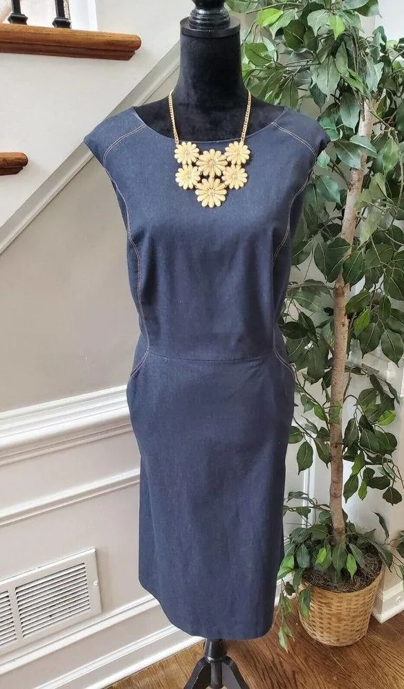 Sandra Darren Women Blue Cotton Round Neck Sleeveless Knee Length Dress Size 16W - Image 11