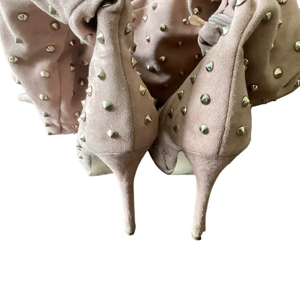 Liliana Vegan Suede Over the Knee Golden Tacks Peep Toe Boots - Image 9