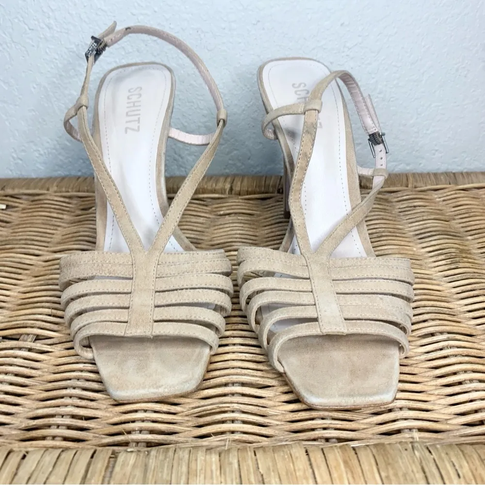 Schutz Tressa Gail Strappy Cage Sandal Nude Suede Heel Size 9.5 - Image 3