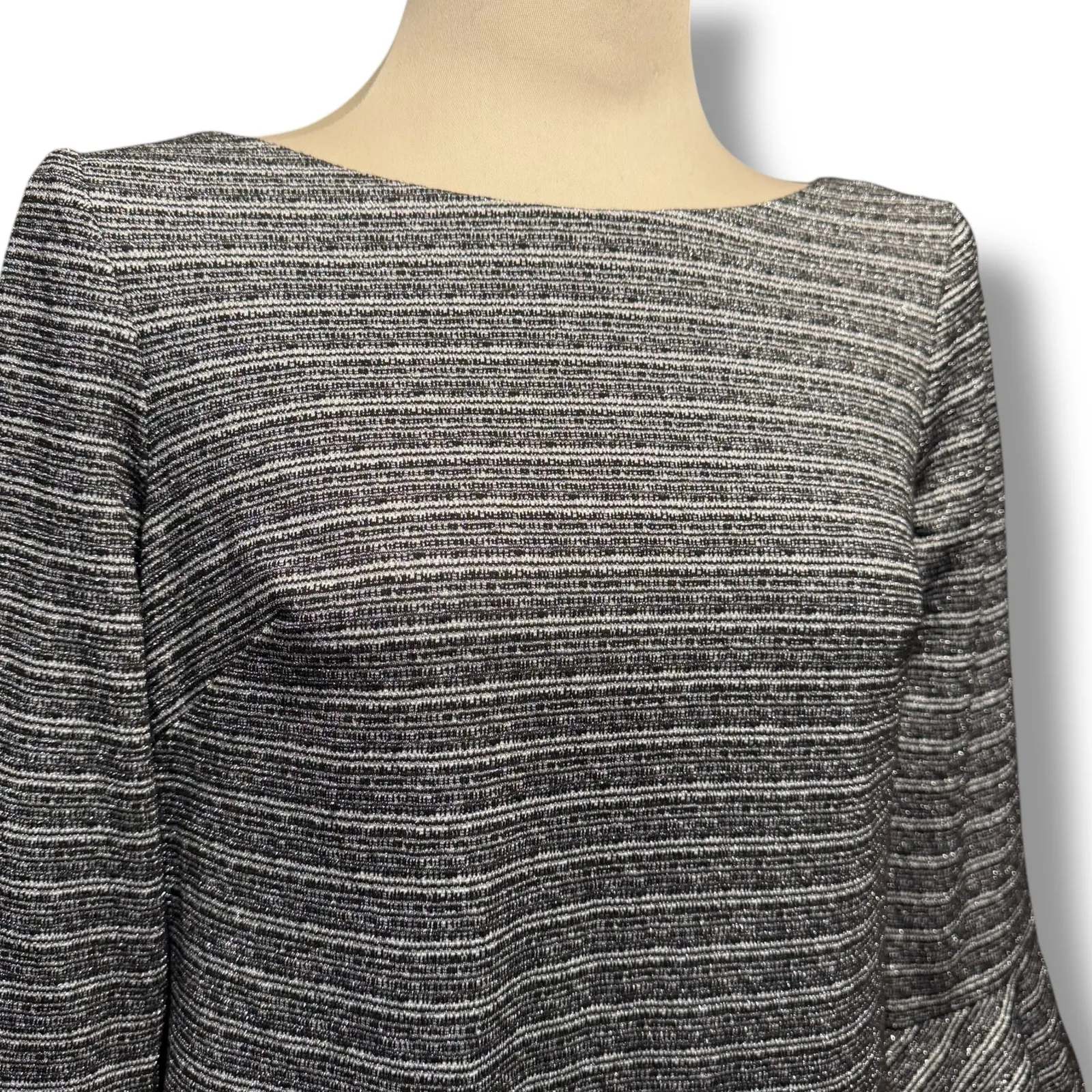 Jessica Howard Missy Stripe Ruffle Bell Sleeve Shift Dress Black Silver 12P - Image 2