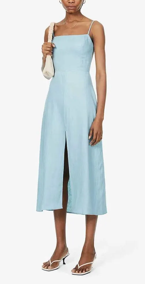 REFORMATION Nia 100% Linen Midi Dress In Turquoise - Image 3