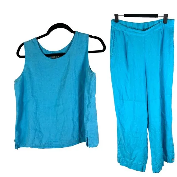 Flax Blue Set Sleeveless Blouse and Flowy Crop Pants Size Small Petite - Image 2