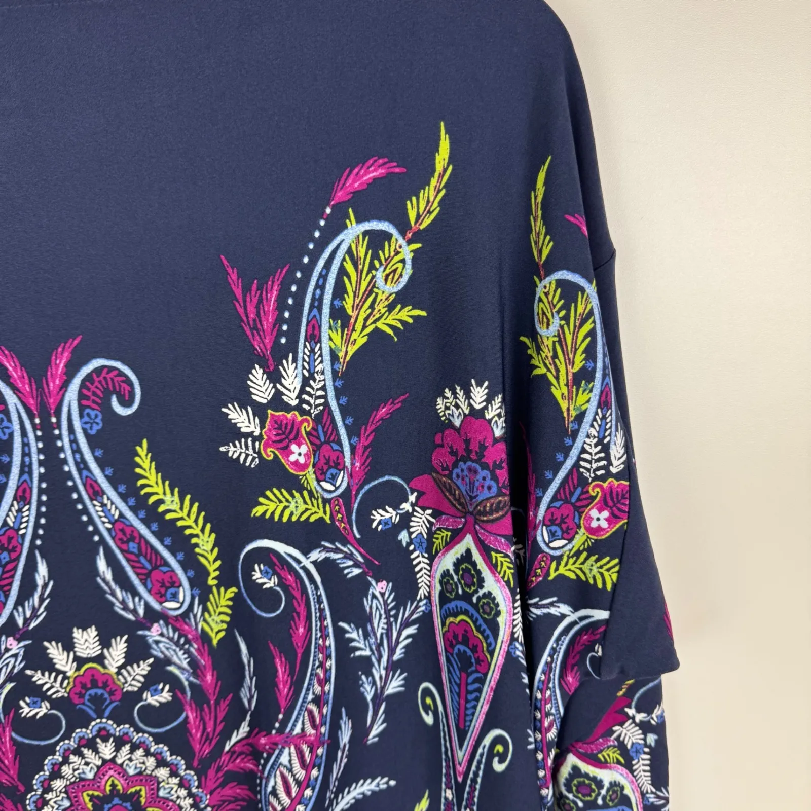 Chicos Ruched Sleeve Midi Dress Size 2 Large Multi Paisley Floral Stretch Office - Image 5