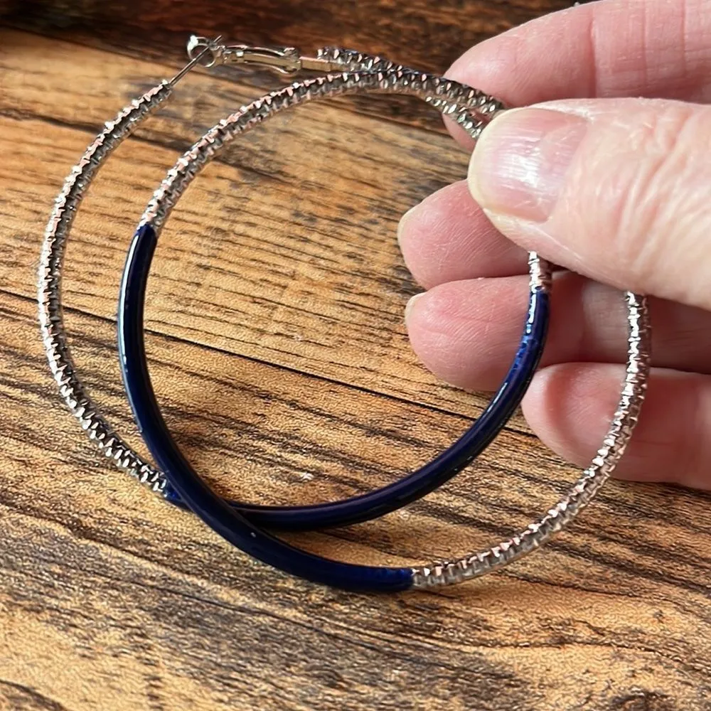 Silver-Tone & Blue Hoop Earrings NWT - Image 3