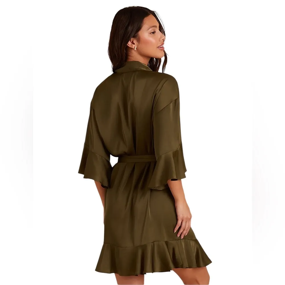 BIRDY GREY KENNY RUFFLE SHINY SATIN OLIVE GREEN WRAP AROUND ROBE M L - Image 3