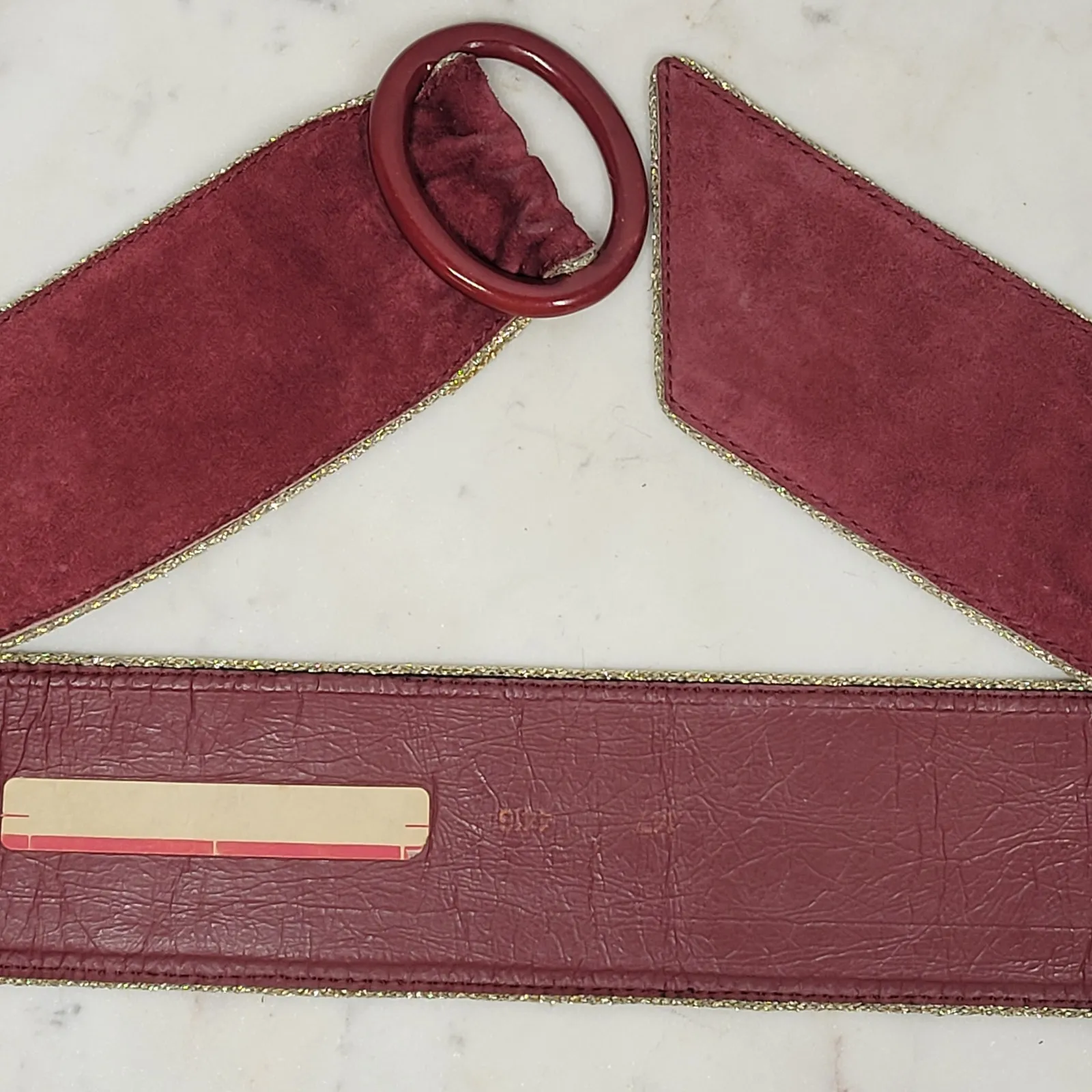 VTG Yves Saint Laurent Suede Belt 75/30 Burgundy Red Bakelite Buckle Gold Trim - Image 9