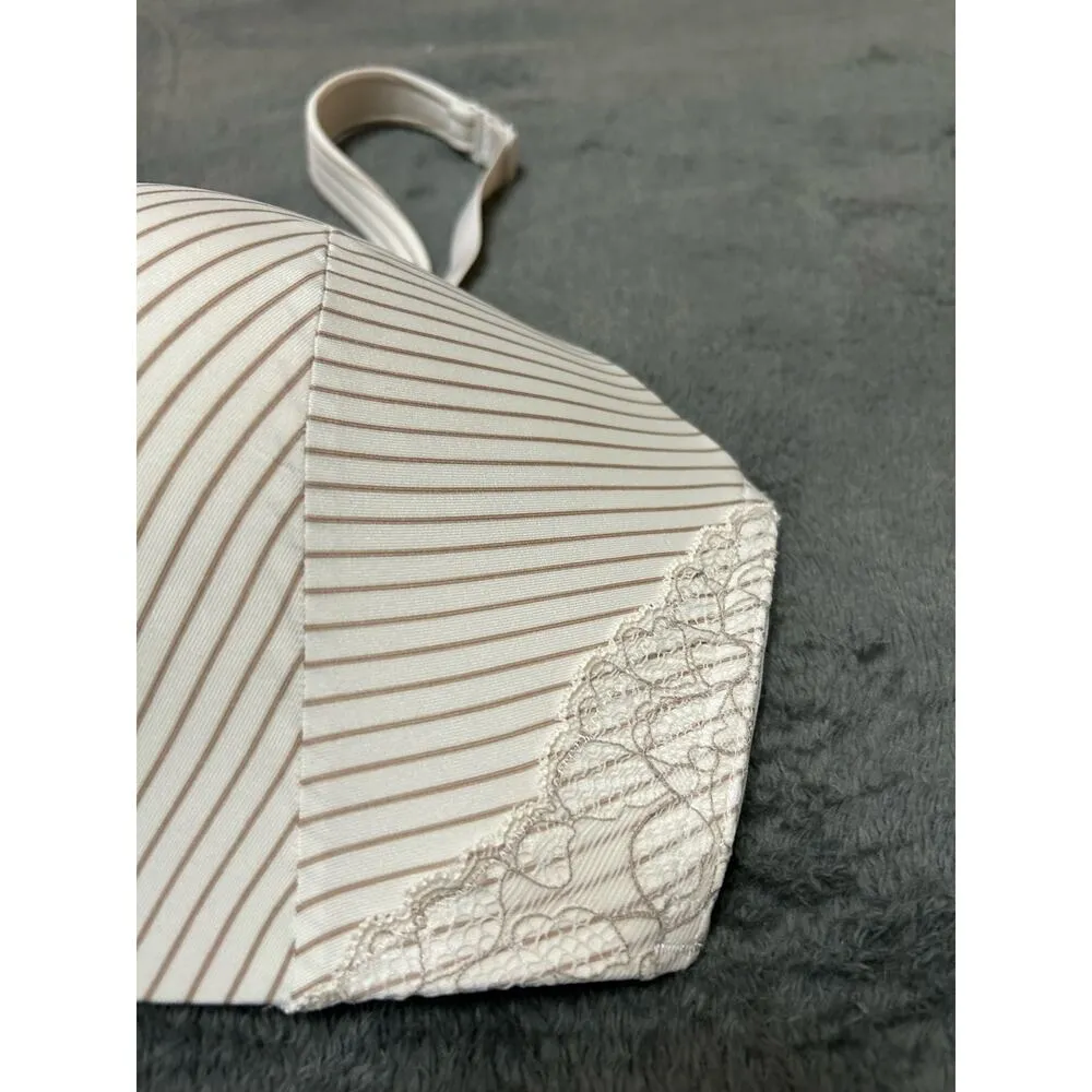 Cacique Simply Wire Free T-shirt Bra, cream with gold stripes and lace, 42DD - Image 15