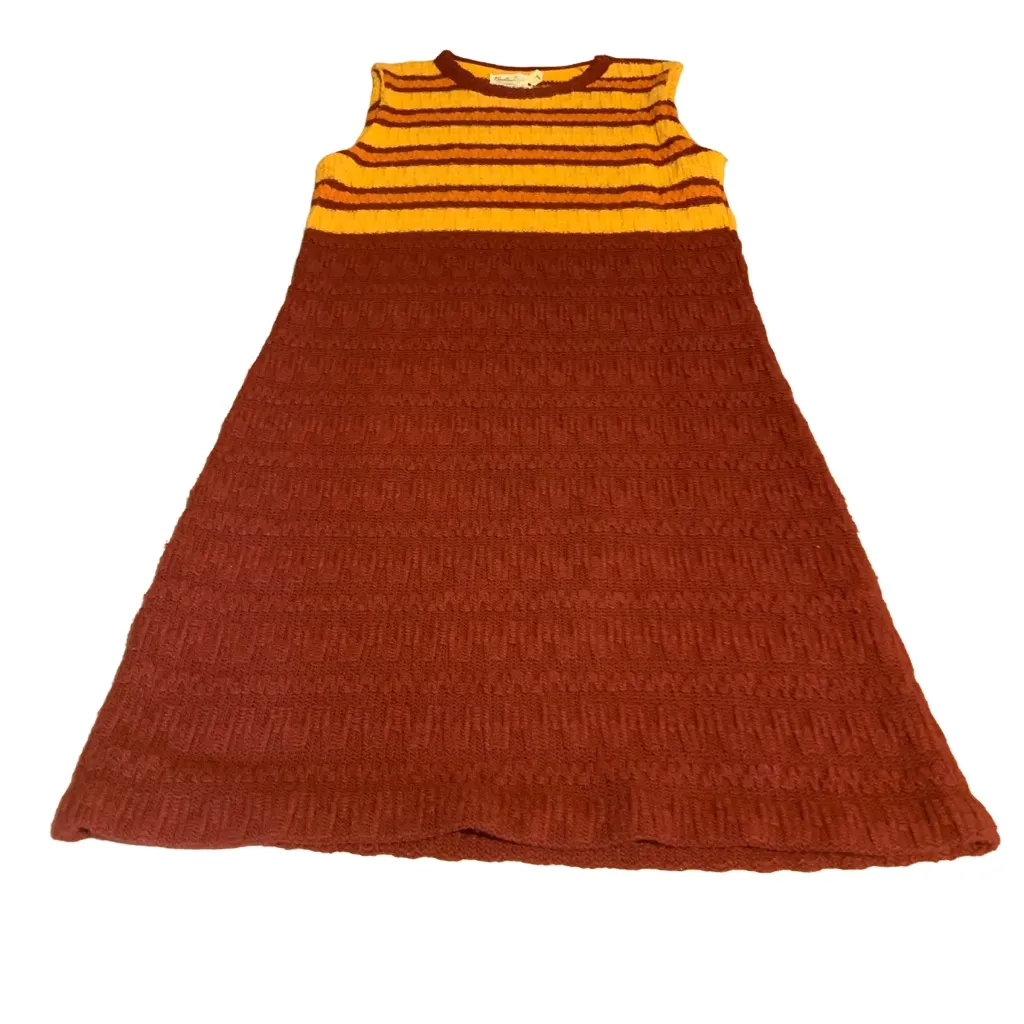 VINTAGE 1970'S BEELIINE YELLOW, ORANGE & BROWN CABLE KNIT SWEATER DRESS (14/L) Size L - Image 10