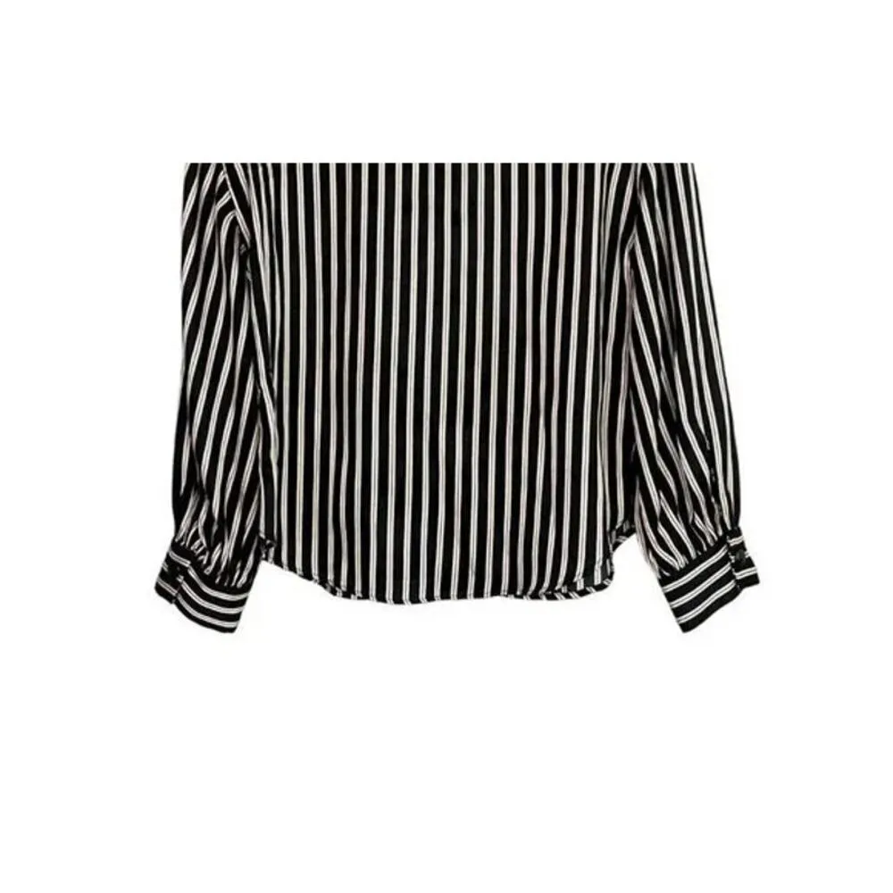 Zara Long Sleeve Professional Stripe Mock Tie Neck Blouse Key Hole Back XS Black - Image 10