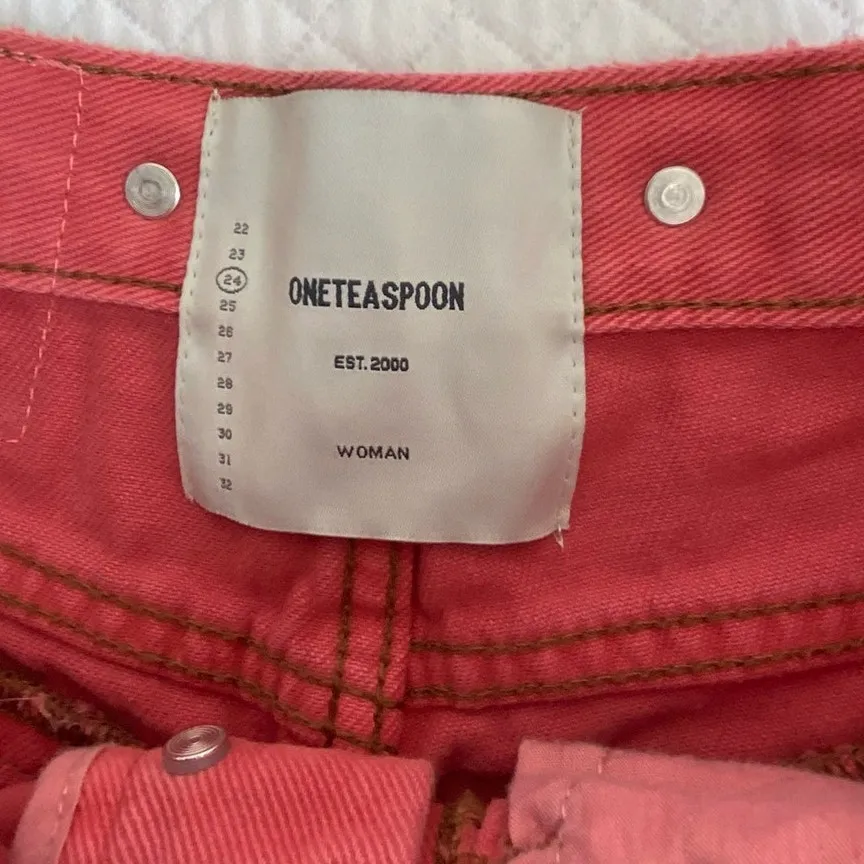 ONETEASPOON WOMENS CORAL STUDDED HIGH WAIST DENIM SHORT -‎ CORAL - Image 5