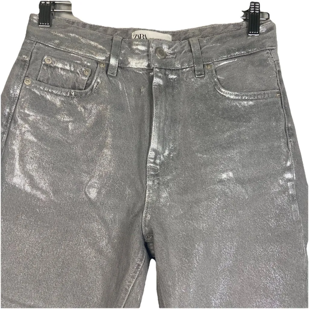 ZARA ZW THE‎ METALLIC JEANS PANTS SILVER Size 4 Party Going Out Date Night - Image 4
