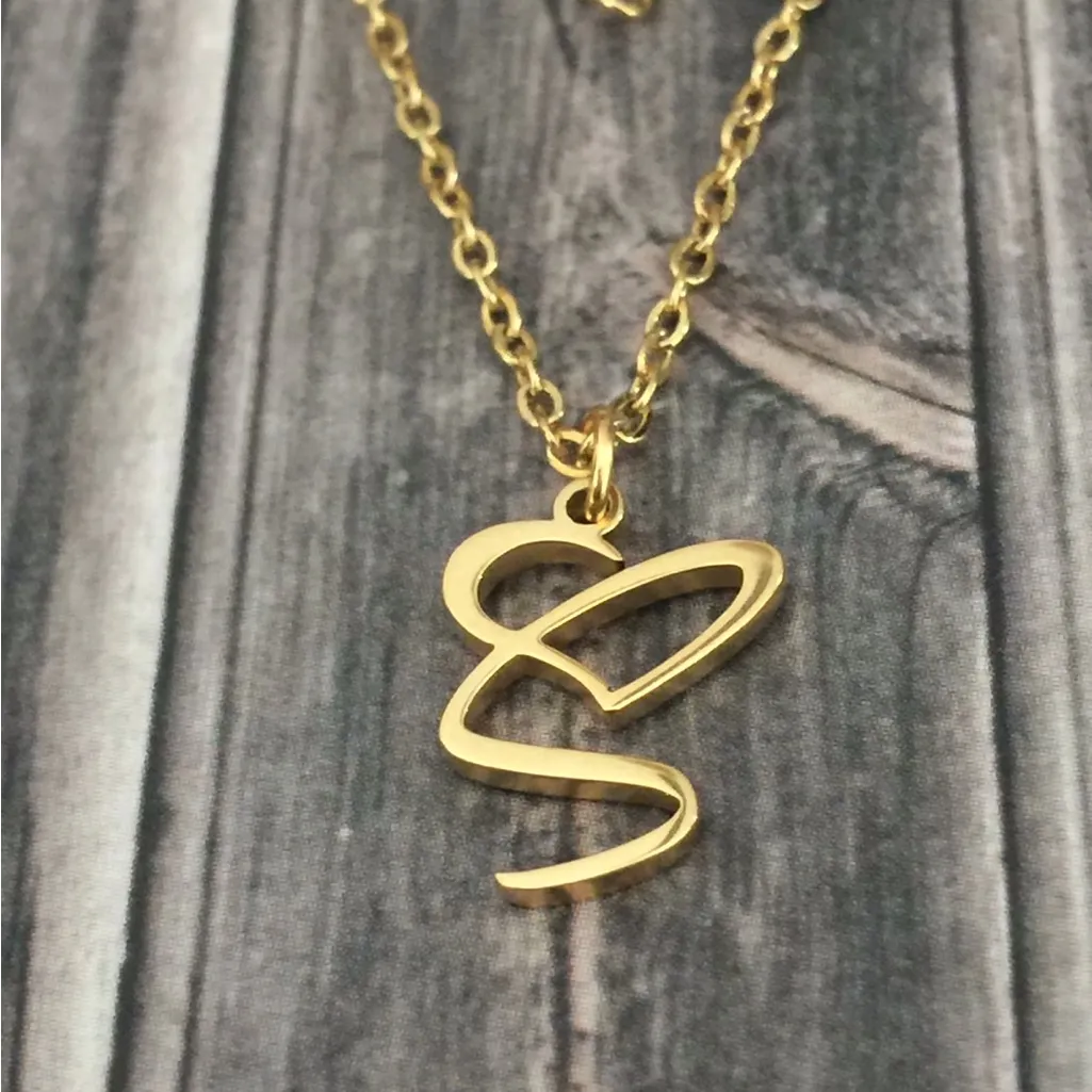Letter S Cursive Heart Initial Necklace Gold - Image 3