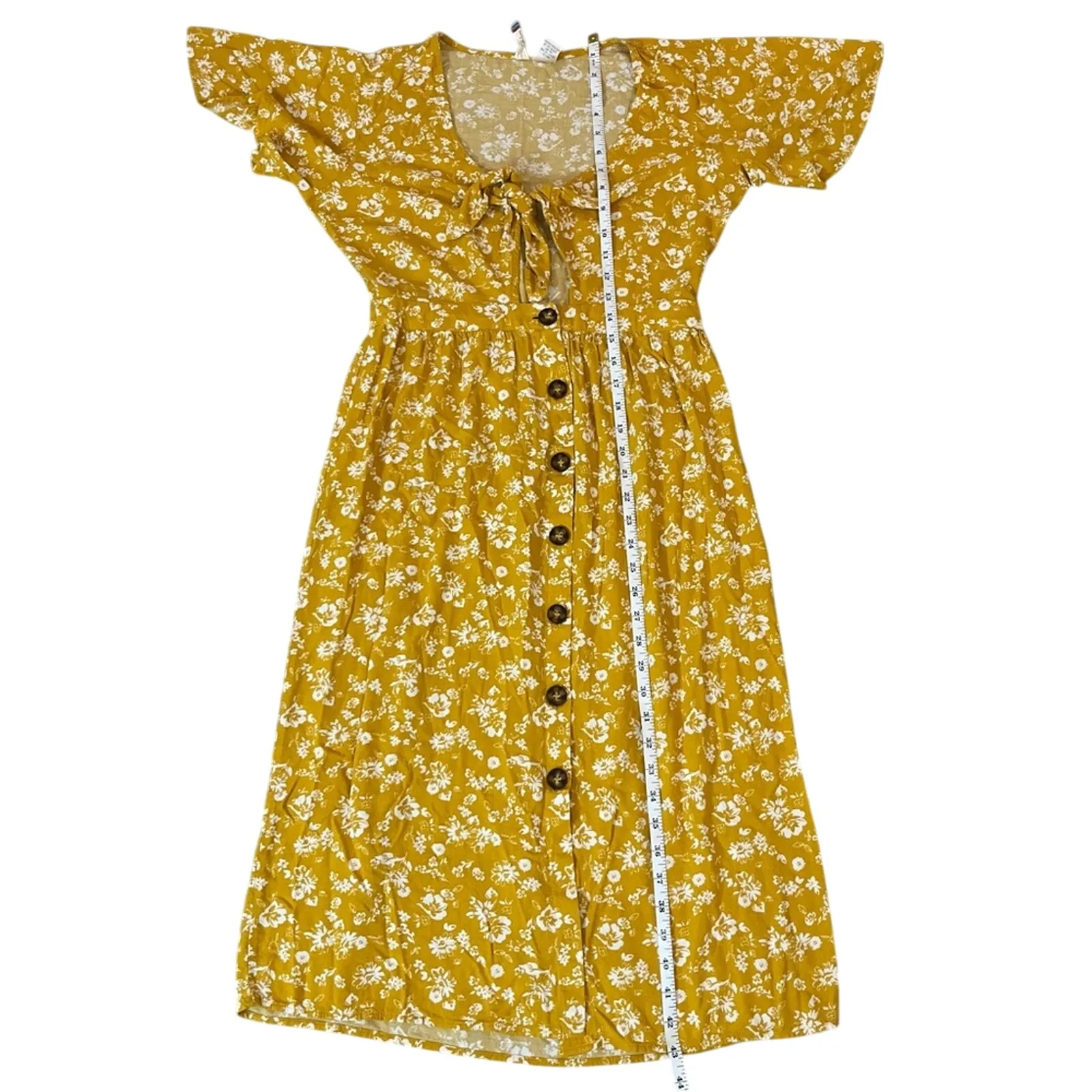 Mimi Chica Yellow Floral Tie Front Button Midi Dress Bell Sleeve Boho Sz Medium - Image 5