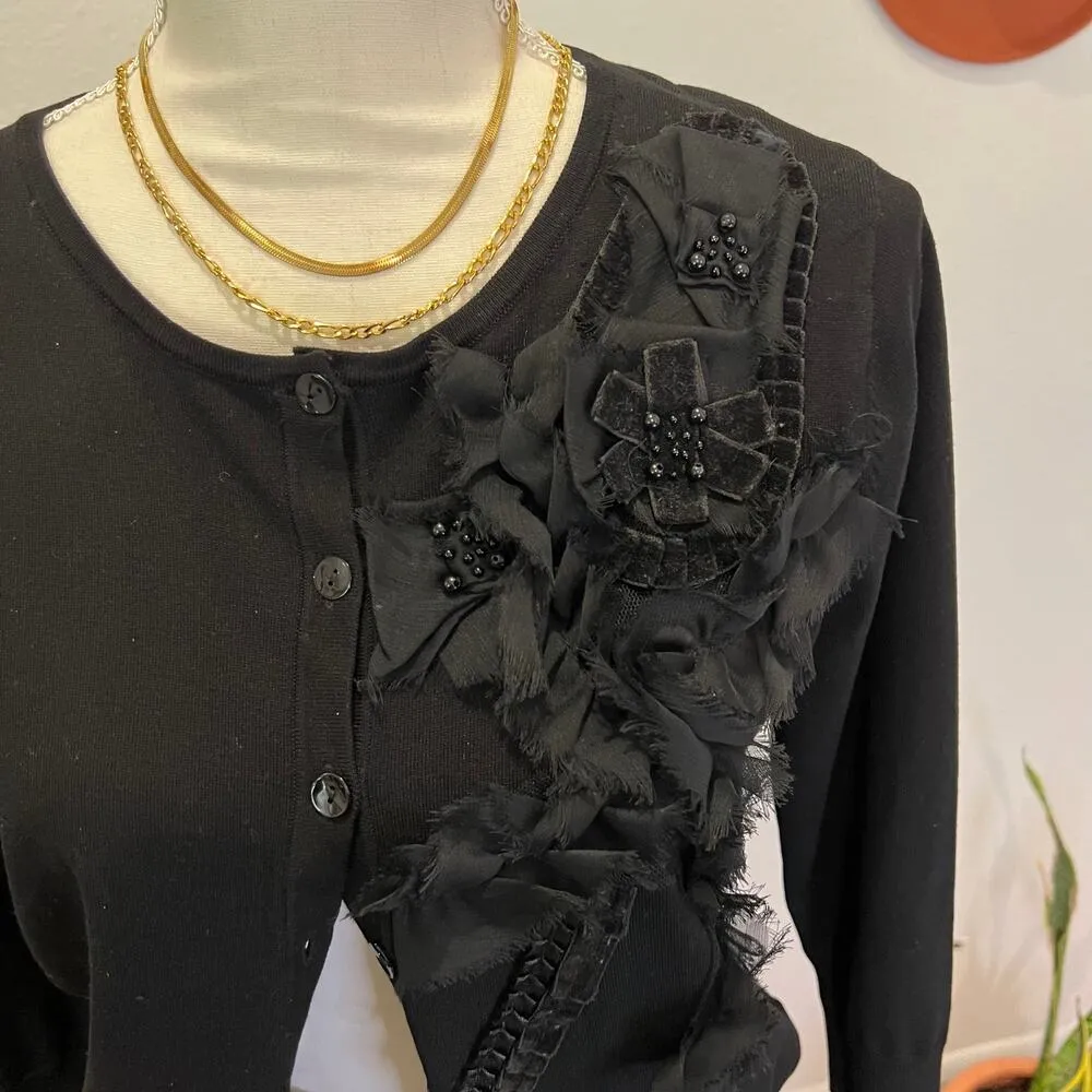 August Silk Black Soft Embellished Floral Detail Button Front Cardigan Sweater - Image 3