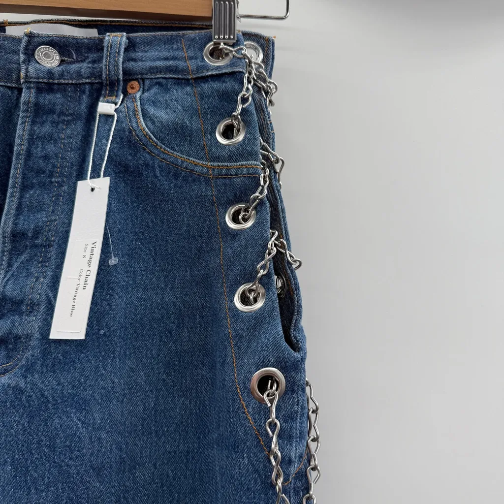 EB Denim Vintage‎ Chain Reworked Levi's High Rise Straight Leg Jeans Sz S NEW Blue - Image 4