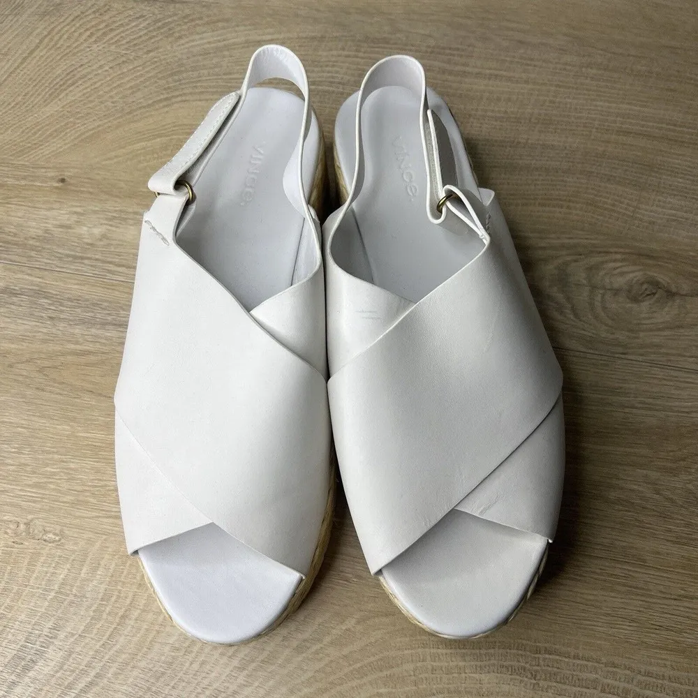 Vince Sandals Women 10M White Leather Jesson Espadrille Jute Wedge Casual Summer - Image 4