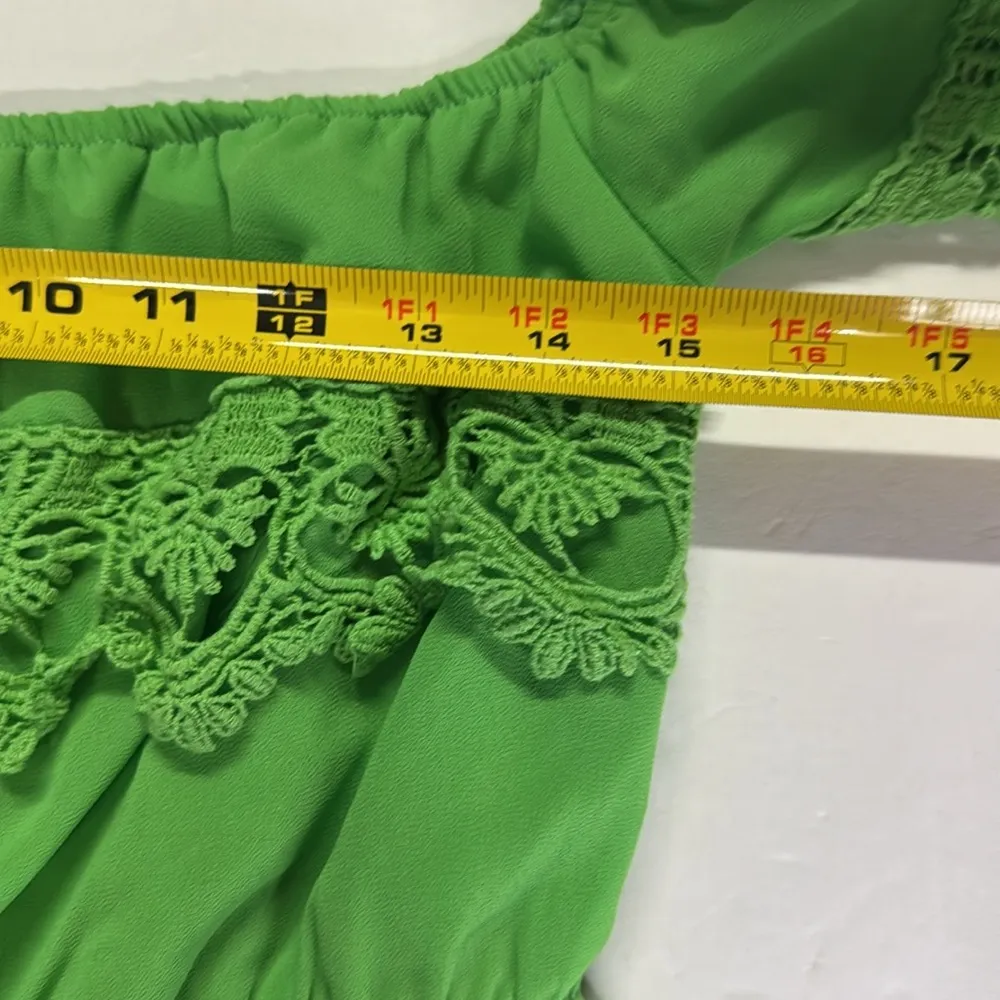 Umgee Green Mini off the shoulder lace trim detail dress M lined bright festival - Image 12