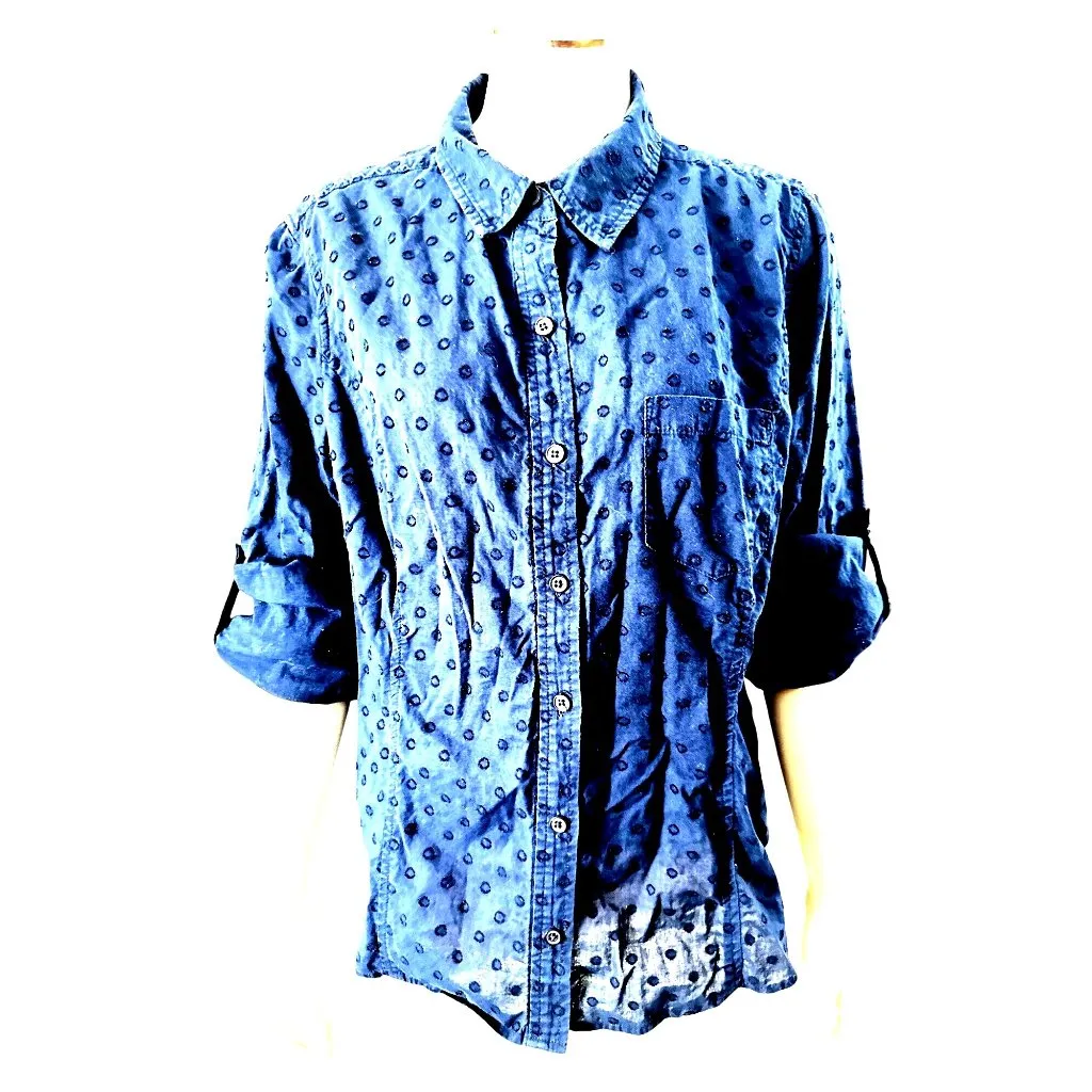Jones New York Sport Large Navy Blue Circle Pattern Button Up Top Urban Heritage - Image 7